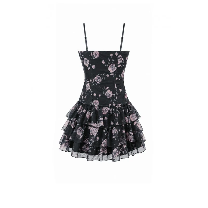 Grunge-Schnürkleid mit Rosenmuster, gestuftem Rüschensaum und rosafarbenem Saum – perfekt für den Schulabschluss