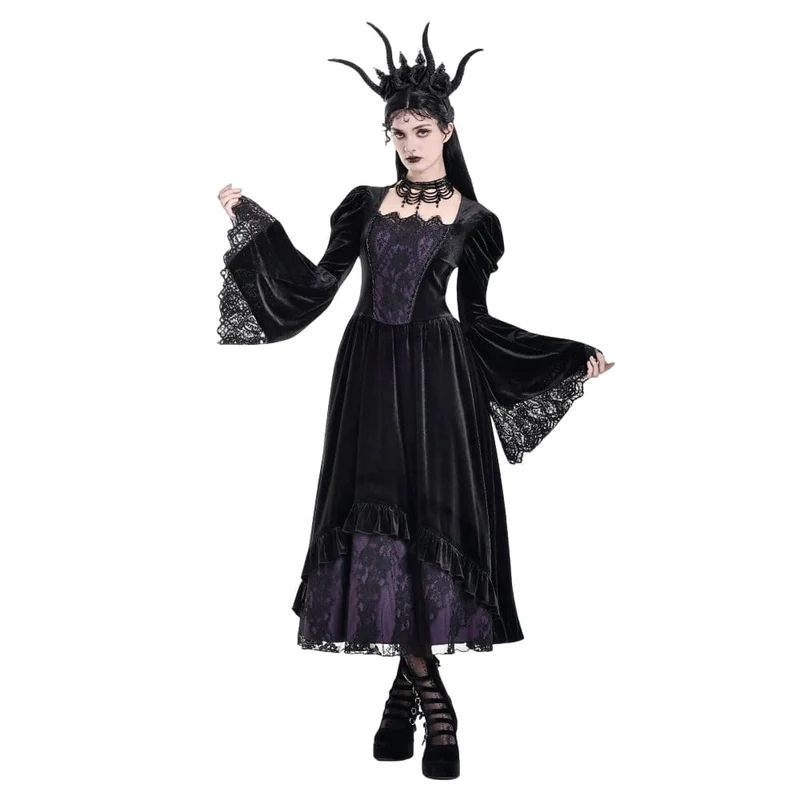 Gothic-Maxikleid für Damen mit kontrastfarbenem, eckigem Kragen und Glockenärmeln – Hochzeitskleid