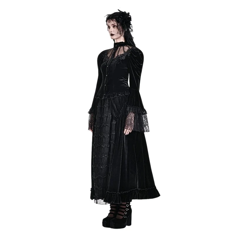 Gothic-Lagenrock aus Samt mit Falten, Mesh-Einsätzen und A-Linien-Design für Damen
