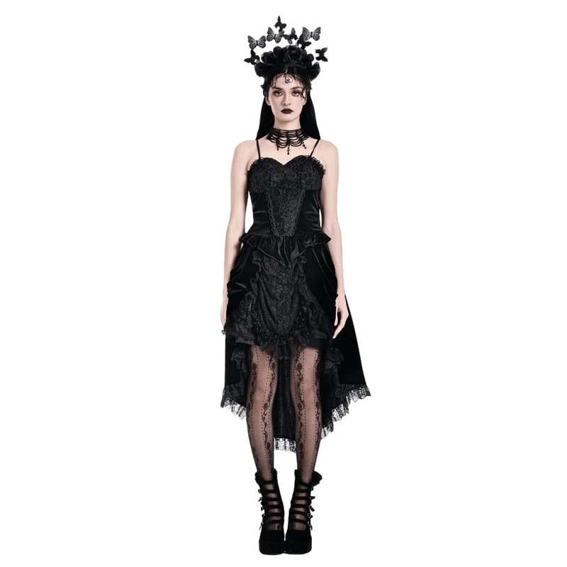 Gothic-Samtrock für Damen mit Schnürung, Rüschen und asymmetrischem Saum