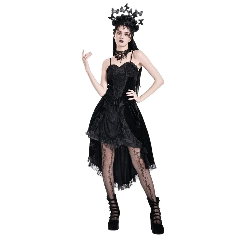 Gothic-Samtrock für Damen mit Schnürung, Rüschen und asymmetrischem Saum