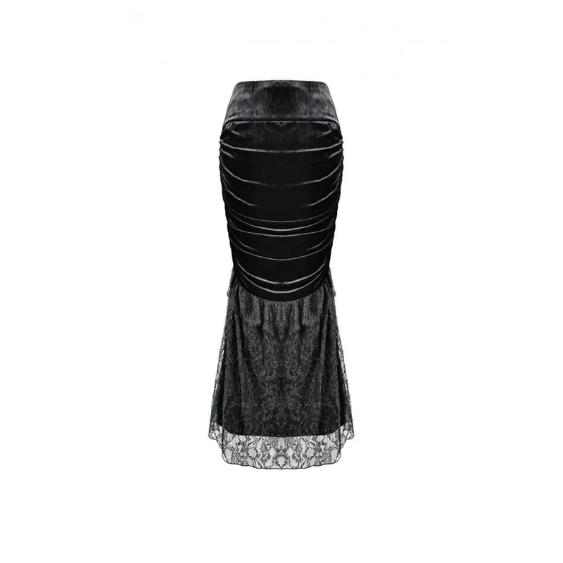 Gothic-Meerjungfrauenrock aus Samt mit floralem Spitzen-Patchwork, gerafftem Kreuzmuster und Zierelementen