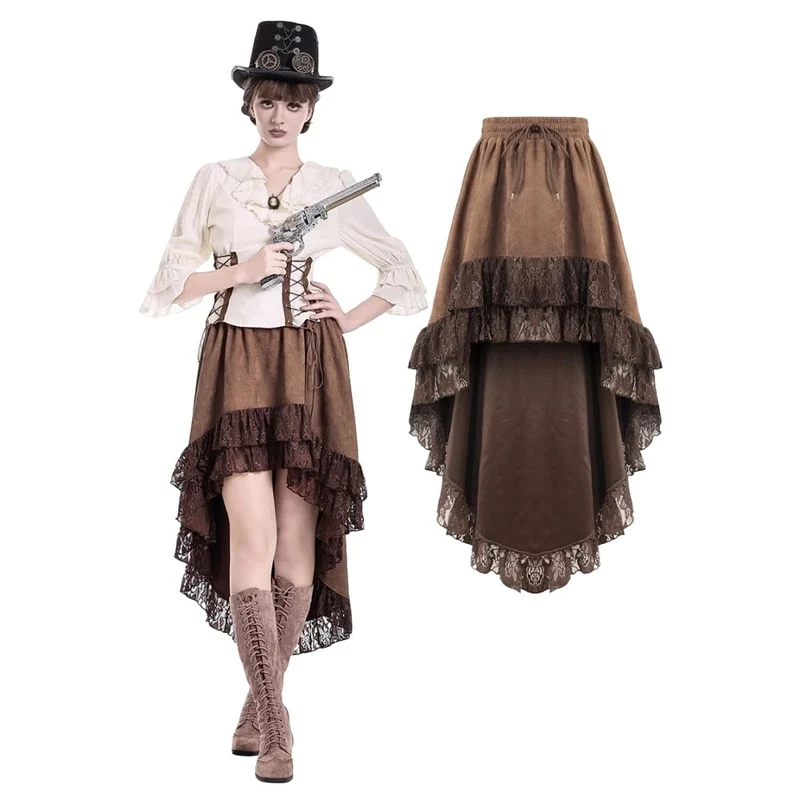 Steampunk-Rock für Damen mit floraler Spitzenborte und asymmetrischem Saum