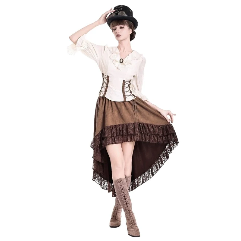 Steampunk-Rock für Damen mit floraler Spitzenborte und asymmetrischem Saum