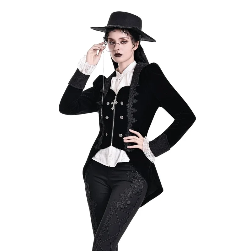 Gothic-Frackjacke für Damen mit Spitzenapplikationen, Revers und Reißverschluss