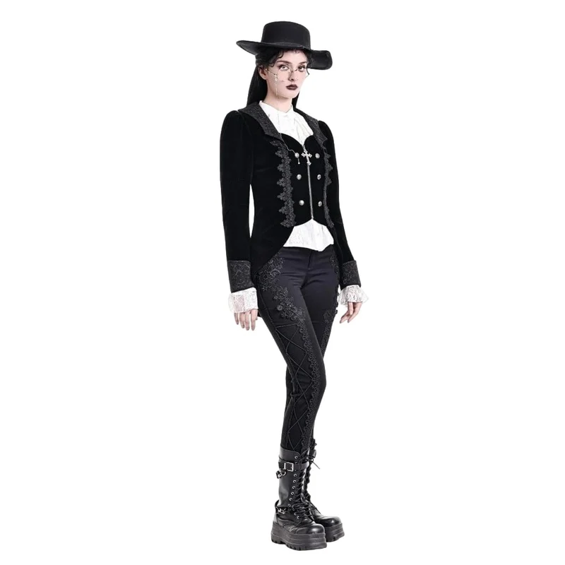 Gothic-Frackjacke für Damen mit Spitzenapplikationen, Revers und Reißverschluss