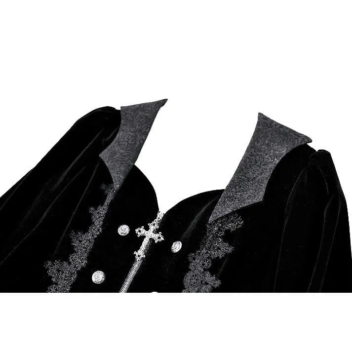 Gothic-Frackjacke für Damen mit Spitzenapplikationen, Revers und Reißverschluss