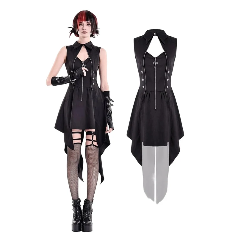 Punk-Kleid für Damen mit Cut-outs, Umlegekragen, Reißverschluss und asymmetrischem Saum
