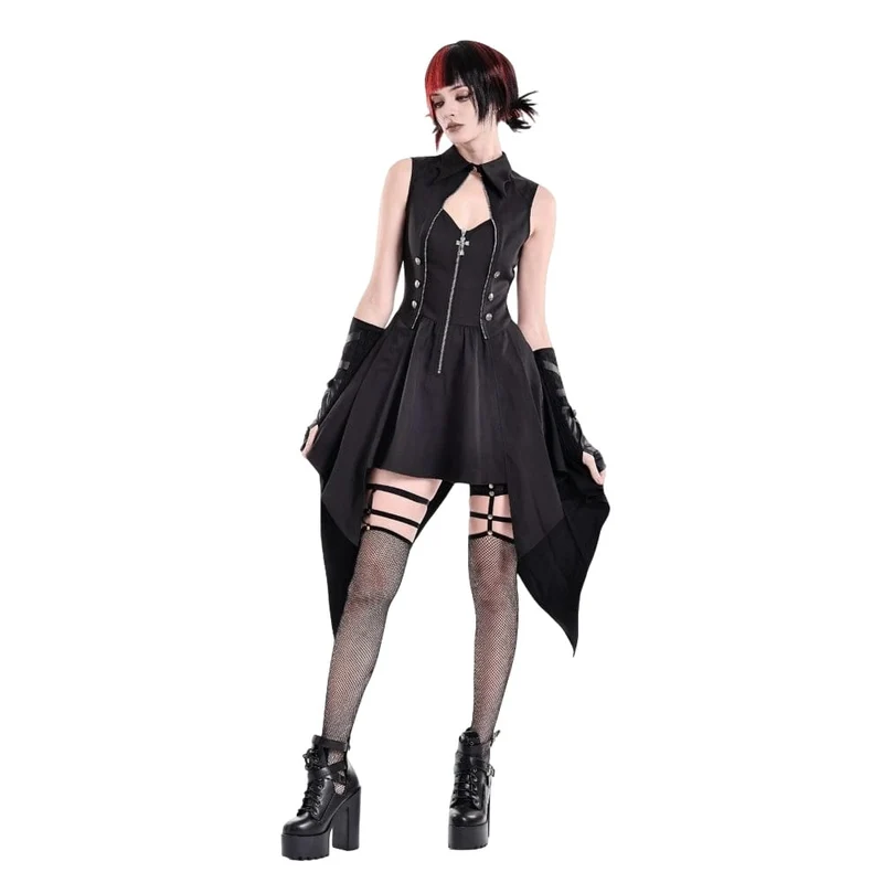 Punk-Kleid für Damen mit Cut-outs, Umlegekragen, Reißverschluss und asymmetrischem Saum