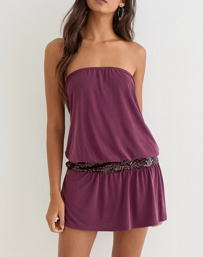 Ratana Bandeau-Minikleid aus Cupro in Deep Purple mit Pailletten-Taillenband