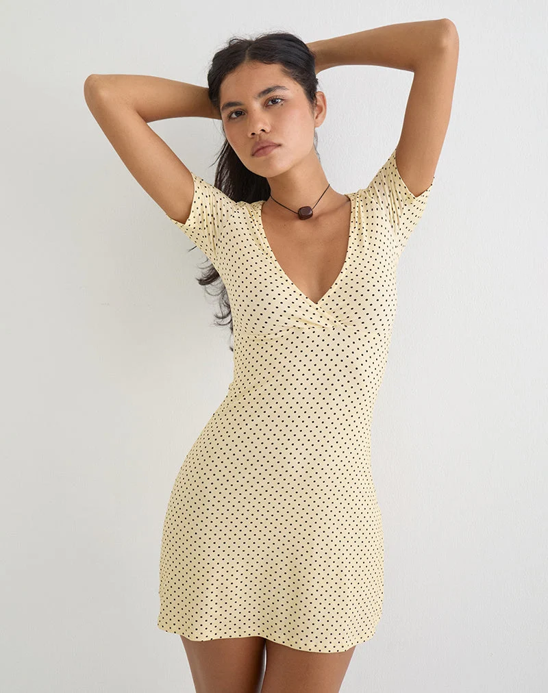 Letiria-Minikleid in Buttergelb mit winzigen Polka-Punkten