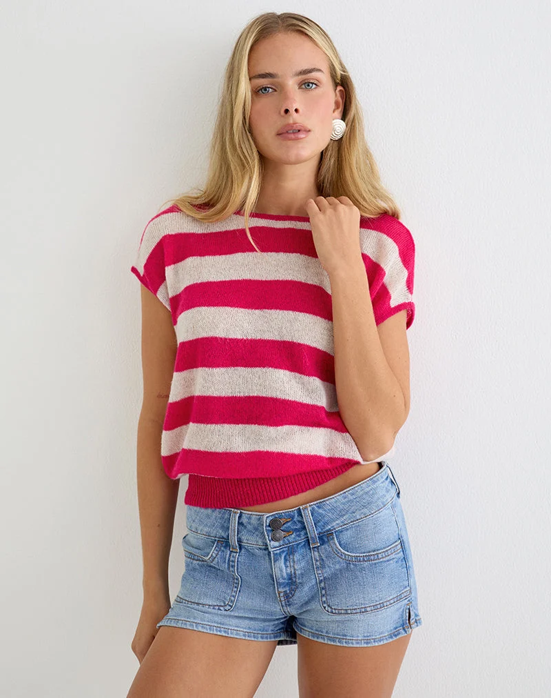 Sinda Scoopback-Top aus Strick mit breiten Streifen in Himbeerrot und Beige