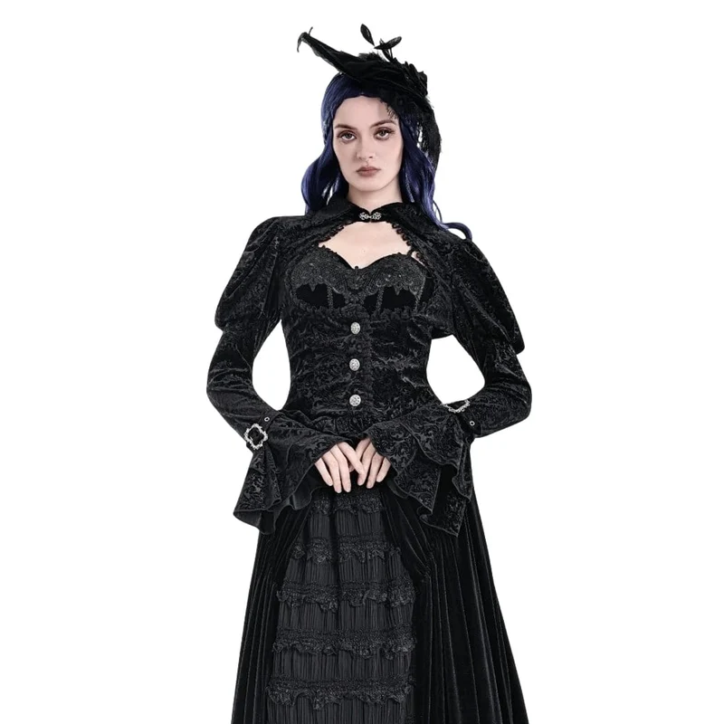 Gothic-Jacquard-Top für Damen mit Cut-out-Schnallenriemen und Glockenärmeln