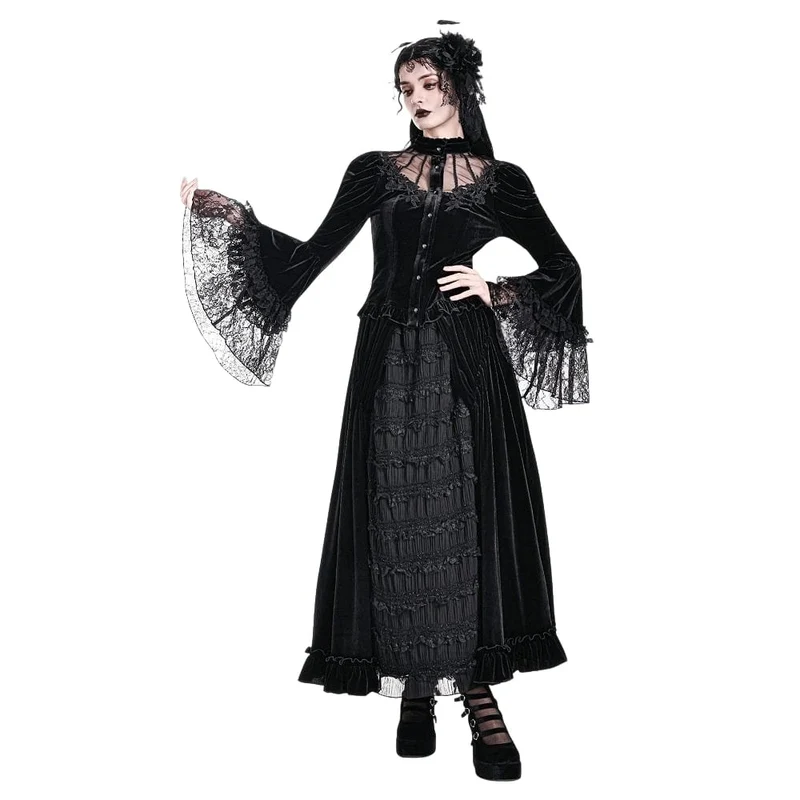Gothic-Bluse aus Samt für Damen mit floralen Applikationen, gerafften Glockenärmeln und Rüschen.