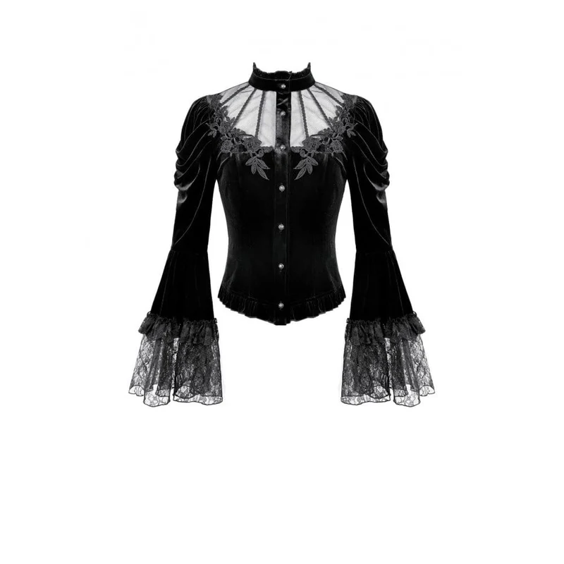 Gothic-Bluse aus Samt für Damen mit floralen Applikationen, gerafften Glockenärmeln und Rüschen.