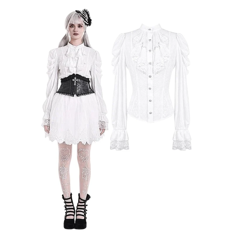 Gothic-Bluse für Damen mit Rüschen, Stehkragen und Puffärmeln