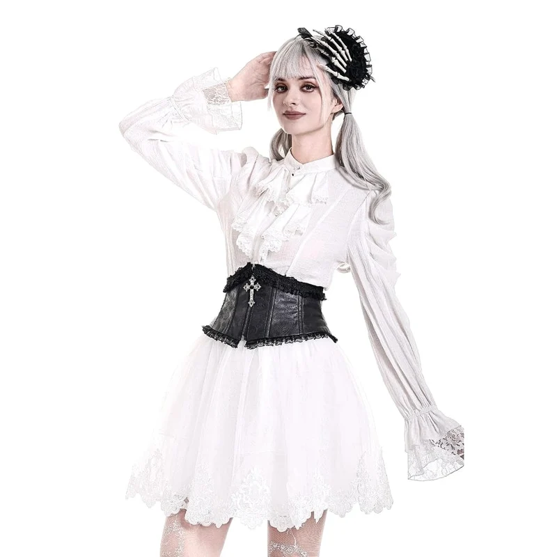 Gothic-Bluse für Damen mit Rüschen, Stehkragen und Puffärmeln