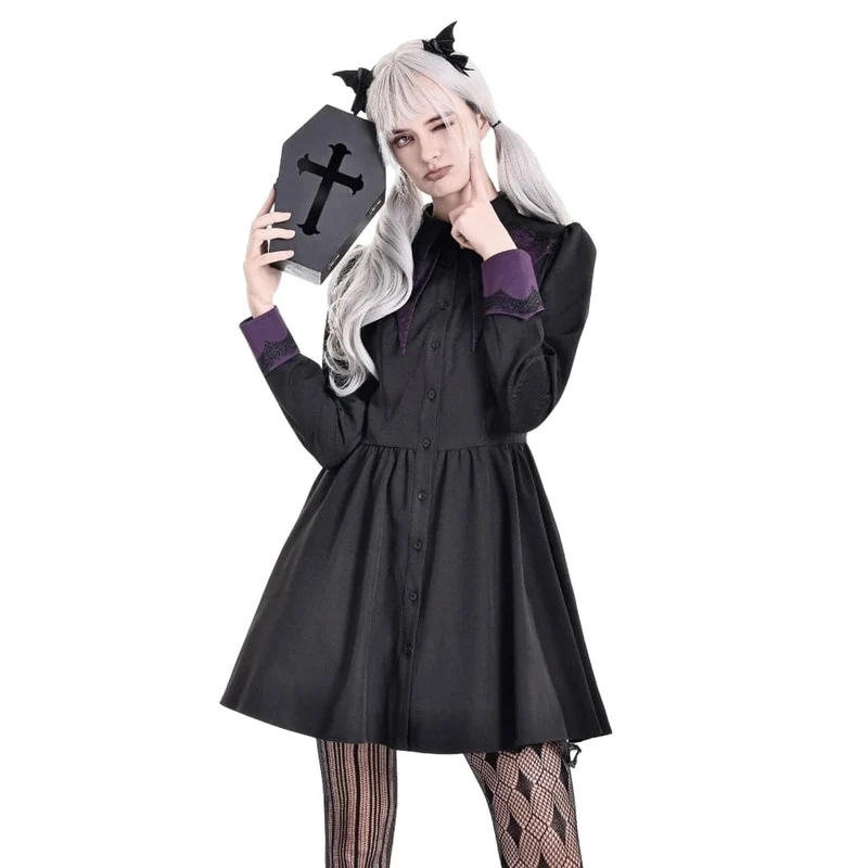 Gothic-Kleid für Damen mit Fledermausflügel-Patchwork, zweifarbig, langärmelig, kurzes Abschlusskleid