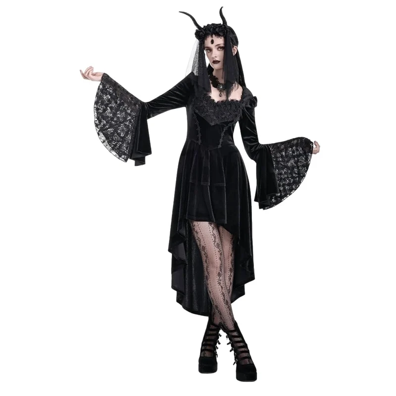 Gothic-Kleid aus Samt für Damen mit Rosenmuster, Spitzeneinsatz, Rüschen, asymmetrischem Saum und ausgestellten Ärmeln – ideal für Abschlussfeiern