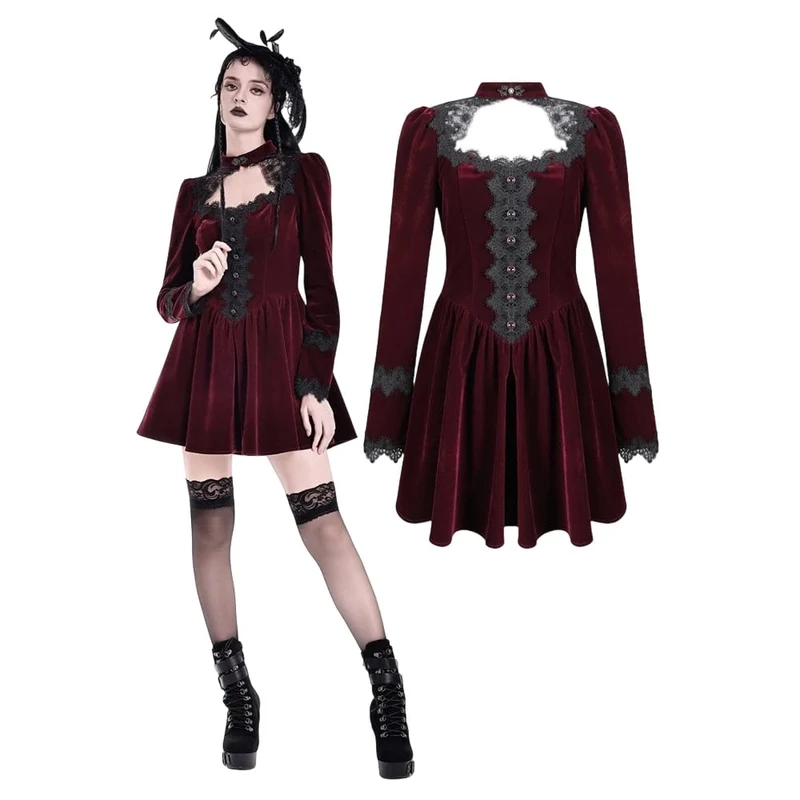 Gothic-Kurzkleid aus Samt mit Spitzenapplikationen und Cut-outs für Damen, ideal als Abschlusskleid