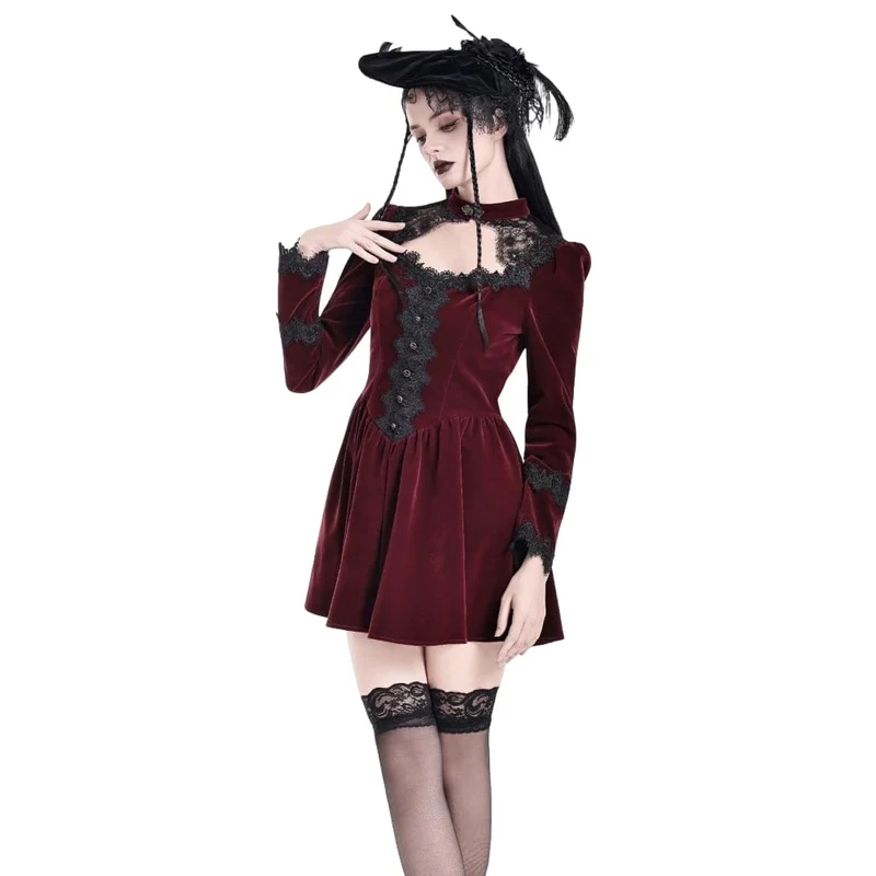 Gothic-Kurzkleid aus Samt mit Spitzenapplikationen und Cut-outs für Damen, ideal als Abschlusskleid