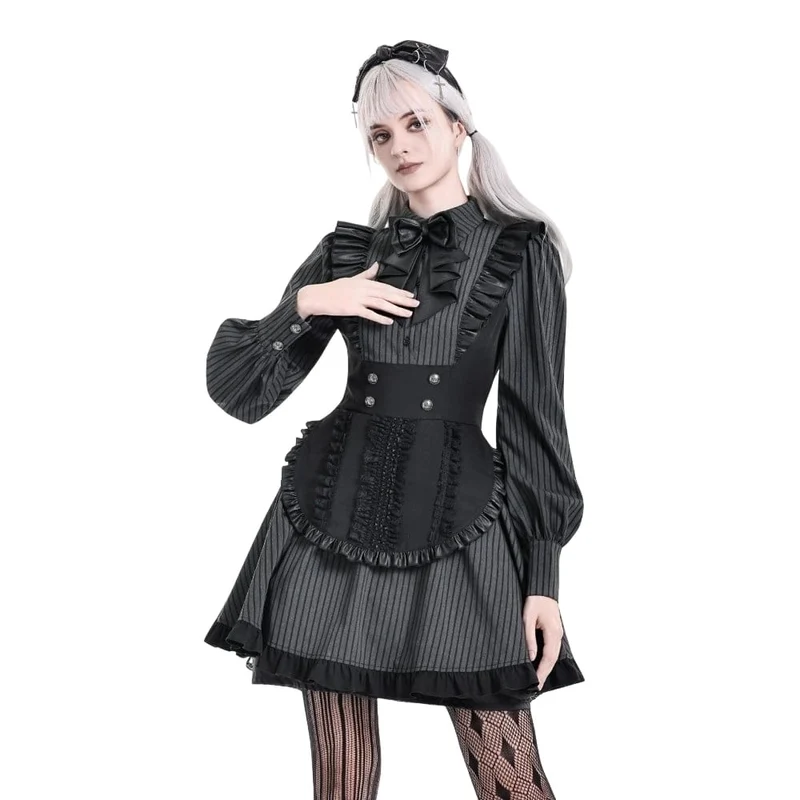 Gothic-Rüschenkleid mit Nadelstreifen, angedeutetem zweiteiligem Muster und langen Ärmeln für Damen im Dienstmädchenstil