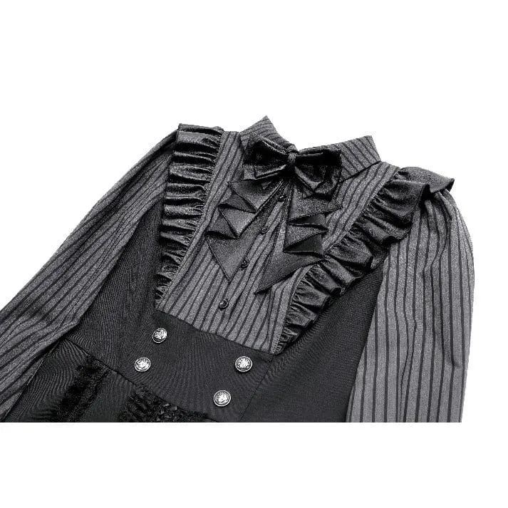 Gothic-Rüschenkleid mit Nadelstreifen, angedeutetem zweiteiligem Muster und langen Ärmeln für Damen im Dienstmädchenstil
