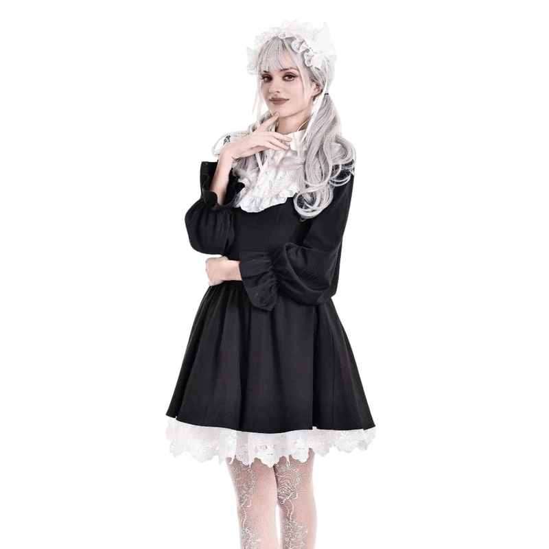 Gothic-Kurzkleid für Damen mit Rüschen, Umlegekragen und kontrastfarbenen Bischofsärmeln