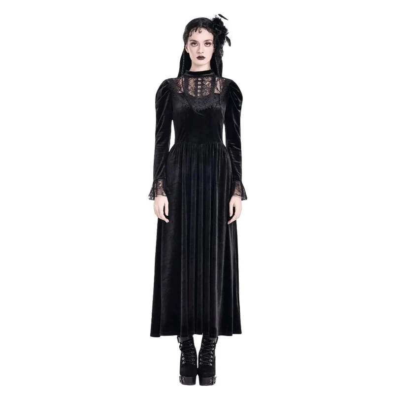 Gothic-Maxikleid aus Samt mit floraler Spitze, Puffärmeln und Brautkleid