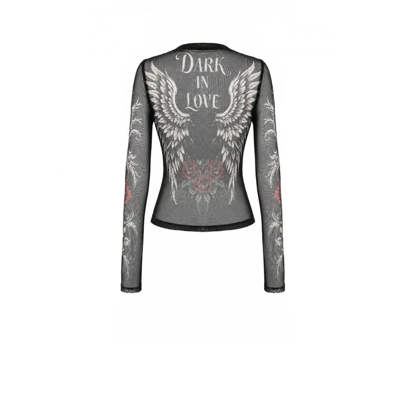 Gothic-Damen-Top mit Rosen-Totenkopf-Print, transparentem Mesh-Einsatz und langen Ärmeln