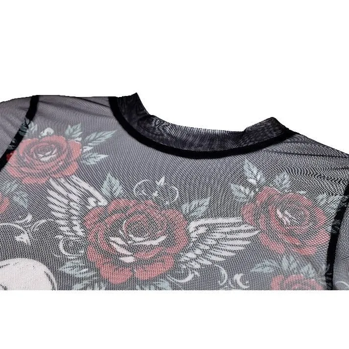 Gothic-Damen-Top mit Rosen-Totenkopf-Print, transparentem Mesh-Einsatz und langen Ärmeln