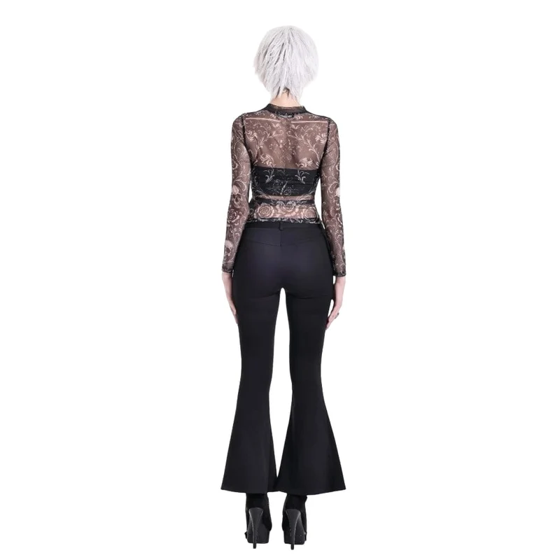 Gothic-T-Shirt für Damen mit Totenkopf- und Blumenmuster, transparentem Mesh-Einsatz und langen Ärmeln