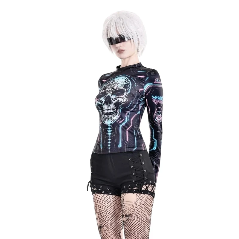 Damen Cyberpunk Neon Circuit Totenkopf-Print Stehkragen Langarmshirt