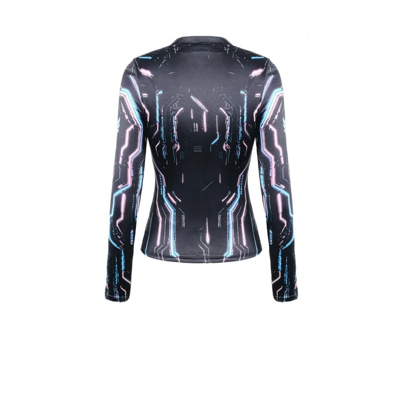 Damen Cyberpunk Neon Circuit Totenkopf-Print Stehkragen Langarmshirt
