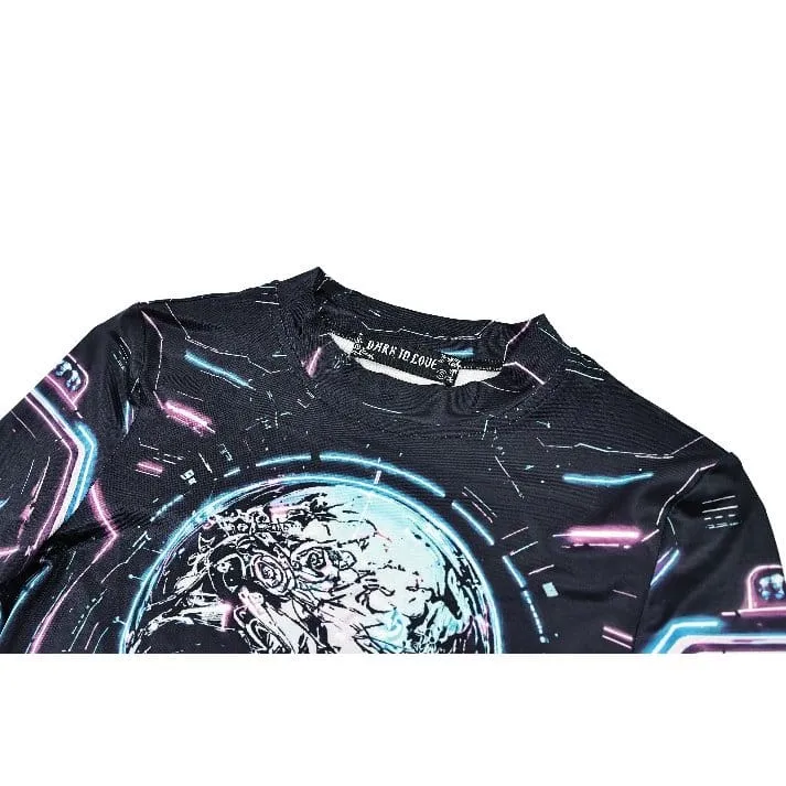 Damen Cyberpunk Neon Circuit Totenkopf-Print Stehkragen Langarmshirt
