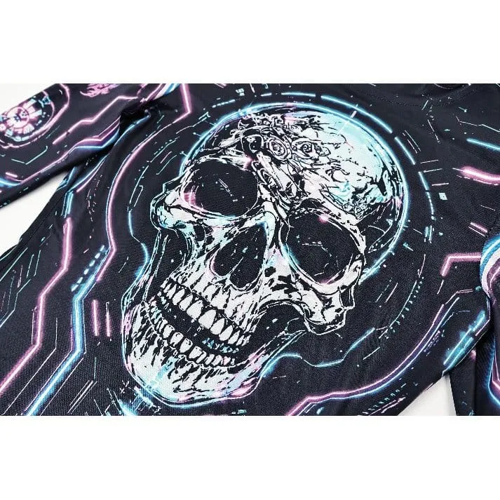 Damen Cyberpunk Neon Circuit Totenkopf-Print Stehkragen Langarmshirt