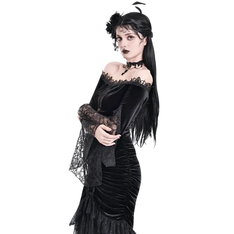 Gothic-Samttop für Damen mit floralem Spitzen-Patchwork, schulterfreiem Design und Glockenärmeln