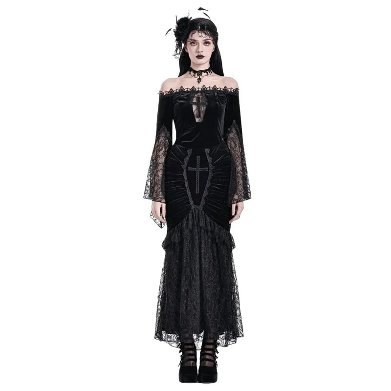 Gothic-Samttop für Damen mit floralem Spitzen-Patchwork, schulterfreiem Design und Glockenärmeln