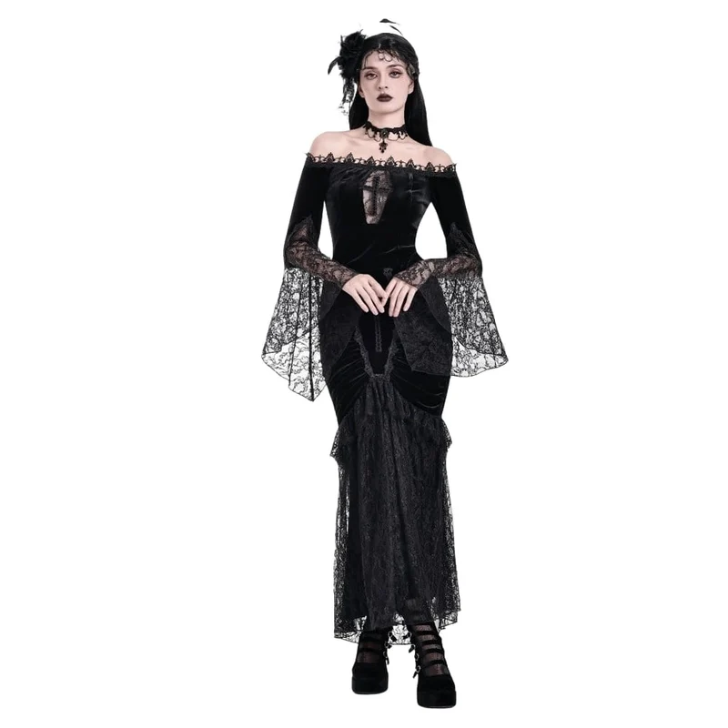Gothic-Samttop für Damen mit floralem Spitzen-Patchwork, schulterfreiem Design und Glockenärmeln