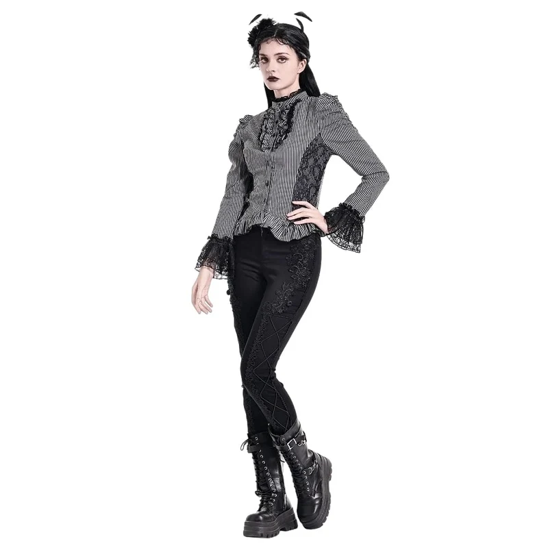 Gothic-Skinny-Hose für Damen mit floraler Spitzenapplikation und Schnürung