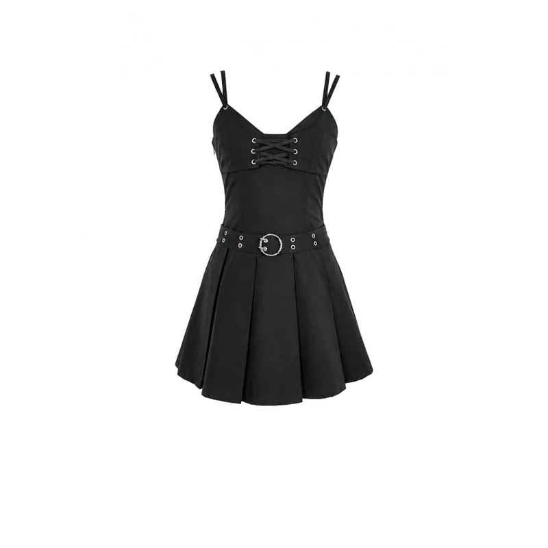 Gothic-Kleid für Damen mit Schnallenriemen und tiefem V-Ausschnitt