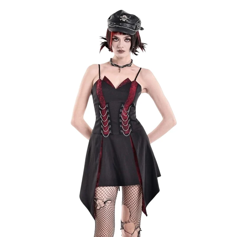 Punk-Kleid für Damen mit Ketten, kontrastfarbenem, unregelmäßigem Saum, Abschlusskleid