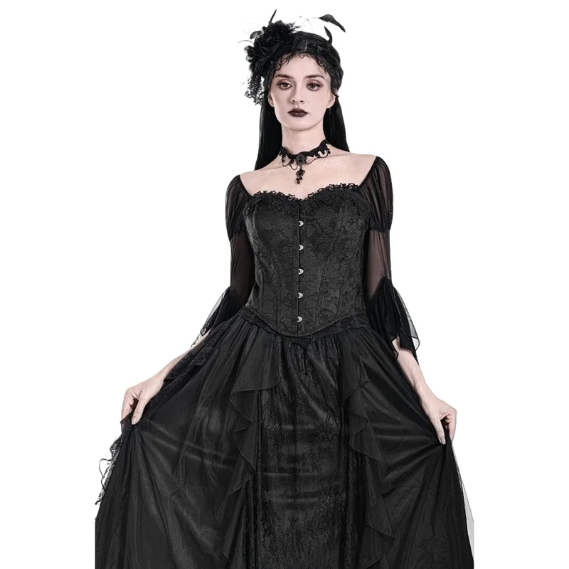 Schwarzes Gothic-Schnürkorsett aus Jacquard-Stoff mit Überbrustumfang für Damen