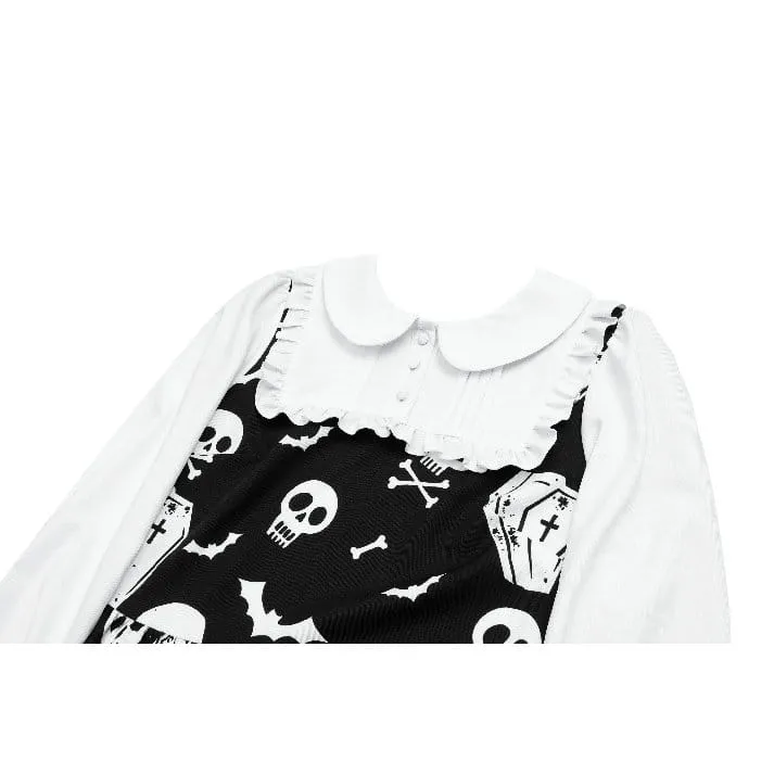 Gothic-Kleid für Damen mit Fledermaus-, Sarg- und Totenkopf-Print, Peter-Pan-Kragen, Bischofsärmeln und kurzem Schnitt