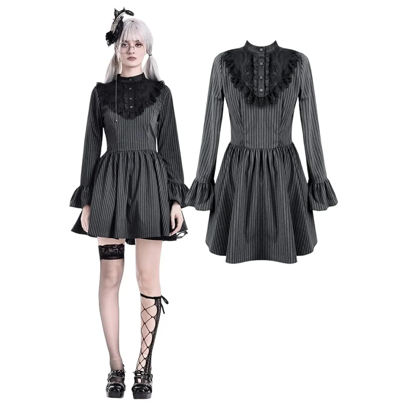Gothic-Kleid für Damen mit Rüschen, Stehkragen, Nadelstreifen, langen Ärmeln und ausgestelltem Rock, Abschlusskleid