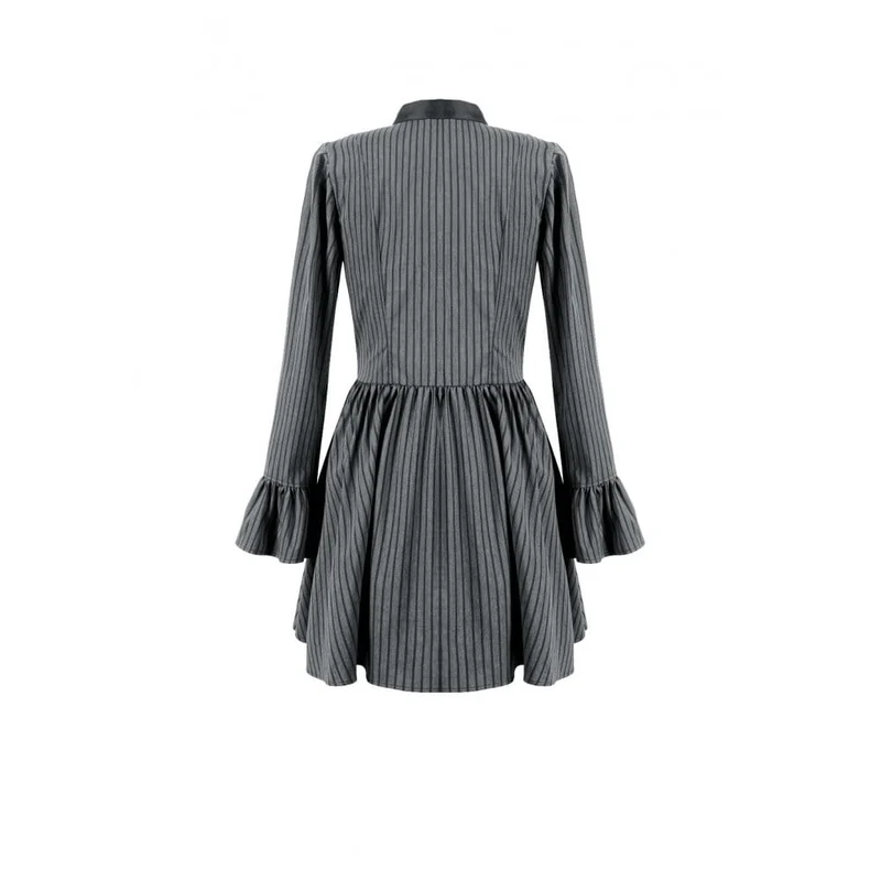 Gothic-Kleid für Damen mit Rüschen, Stehkragen, Nadelstreifen, langen Ärmeln und ausgestelltem Rock, Abschlusskleid