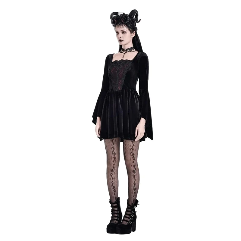 Gothic-besticktes, kurzes Samtkleid mit eckigem Ausschnitt, Glockenärmeln und Stickereien für Damen – Abschlusskleid