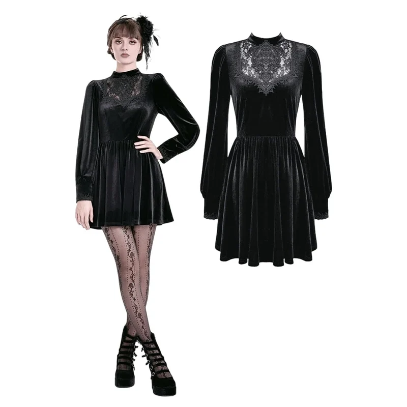Gothic-Kurzkleid aus Samt mit Spitzenapplikationen, Stehkragen, Bischofsärmeln und Abschlusskleid für Damen
