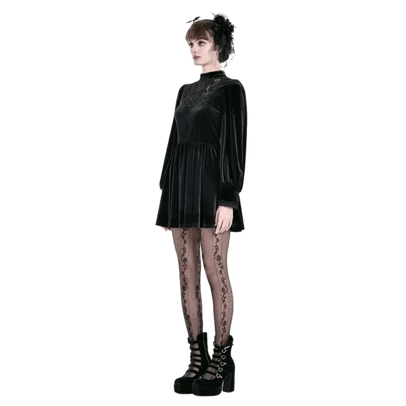 Gothic-Kurzkleid aus Samt mit Spitzenapplikationen, Stehkragen, Bischofsärmeln und Abschlusskleid für Damen