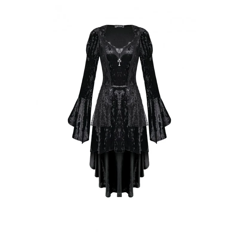 Gothic-Kleid für Damen mit Schnürung, asymmetrischem Saum, Puffärmeln und ausgestellten Ärmeln – ideal für Abschlussfeiern